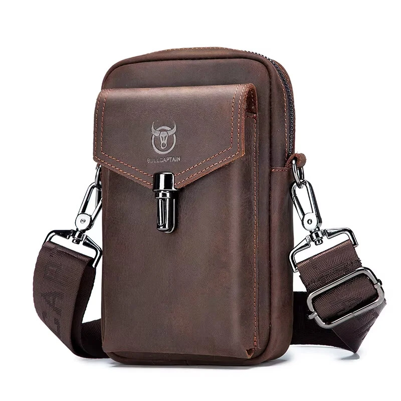 (image for) BULLCAPTAIN Genuine Leather Men's Waist Bags Crossbody Bages Multifunctional 7-inch Mobile Phone Practical Bag for Male Casual Shoulder Messenger Bages